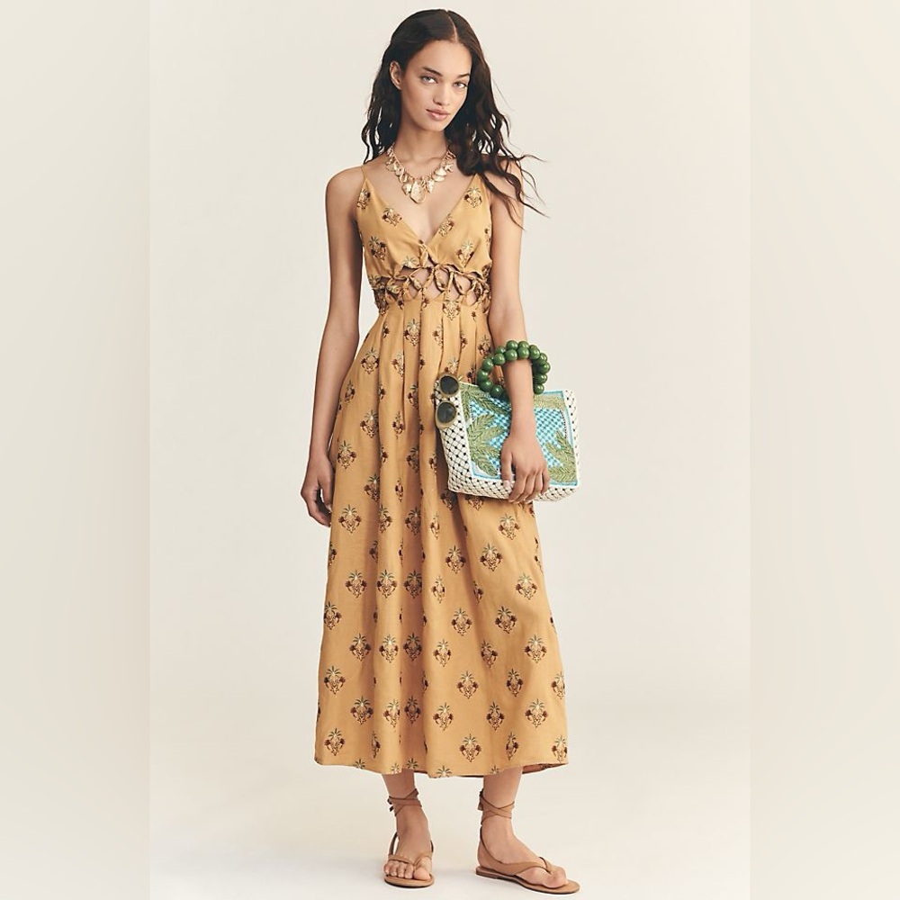 Farm Rio Sand Linen Blend V-Neck Cutout A-Line Midi Dress L NWT Anthropologie